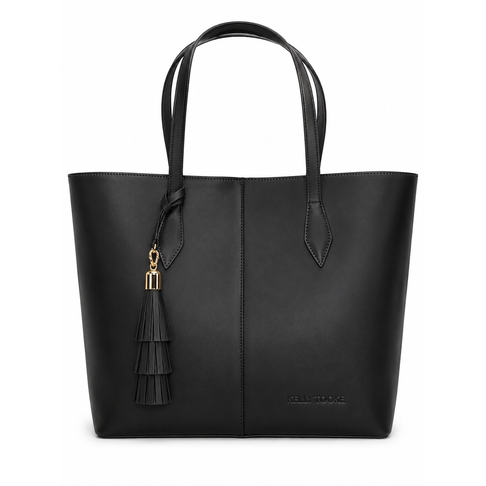 Kelly Tooke Black Leather Tassel Tote Bag Minimalist Shoulder Bag Gold Hardware
